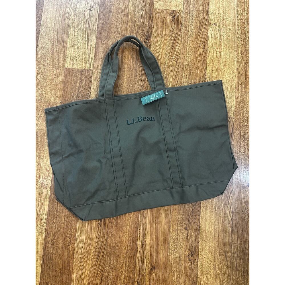 L.L.Bean Large Canvas Grocery Tote Bag Green Logo Open Top Cotton Reusable - Picture 2 of 5